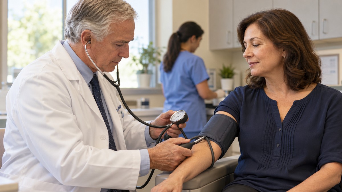 Врач-нарколог измеряет давление и пульс пациенту перед процедурой в современной частной клинике.